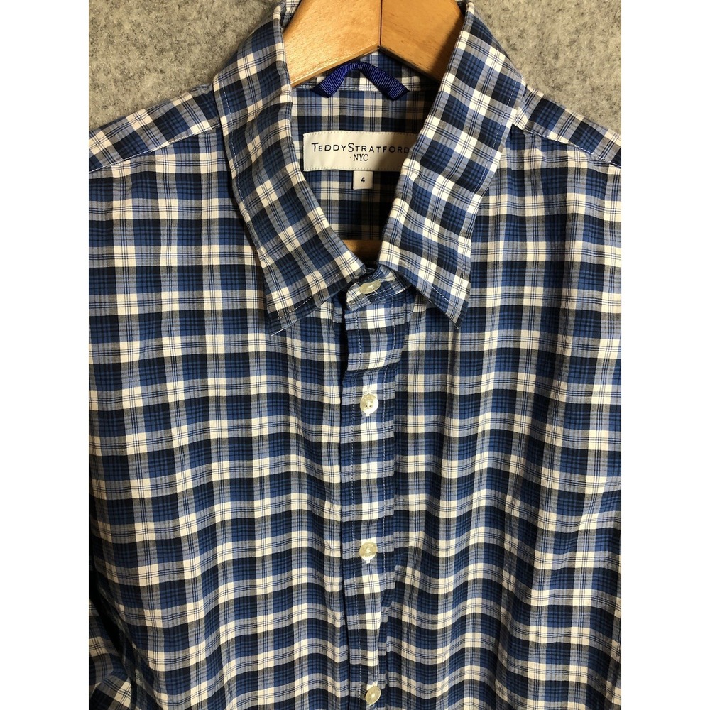 Teddy Stratford Shirt Mens 4 Large‎ Blue Check Zip Fit Button Down Casual Career